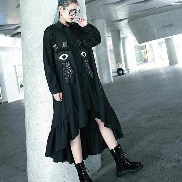Fine Black Autumn Shirt Dress Turn-down Collar Gown Fine Asymmetrical Design Large Hem Shirt Dress