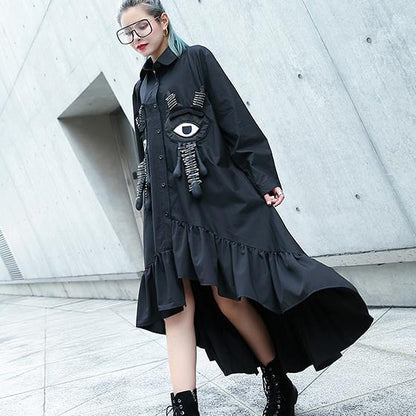 Fine Black Autumn Shirt Dress Turn-down Collar Gown Fine Asymmetrical Design Large Hem Shirt Dress