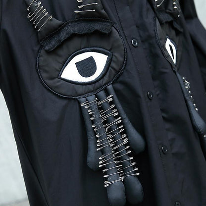 Fine Black Autumn Shirt Dress Turn-down Collar Gown Fine Asymmetrical Design Large Hem Shirt Dress