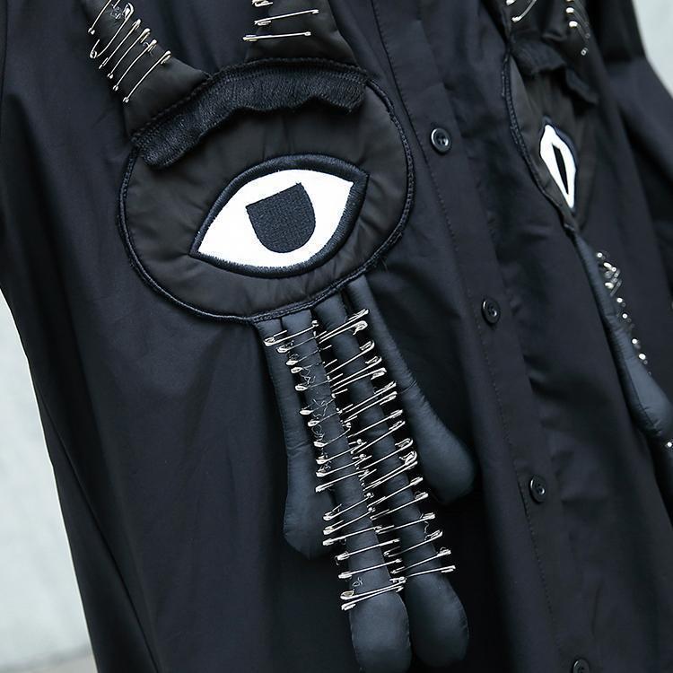 Fine Black Autumn Shirt Dress Turn-down Collar Gown Fine Asymmetrical Design Large Hem Shirt Dress