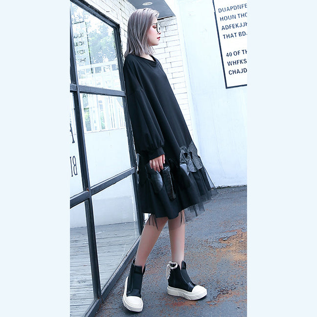 Fine Black Cotton Blended Knee Dress Loose Fitting Patchwork Fine Tulle Baggy Cotton Blended Clothing Dress