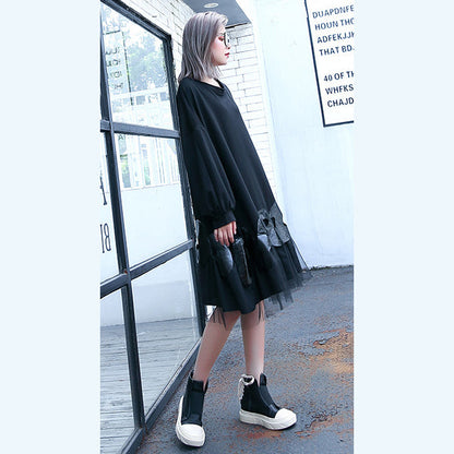 Fine Black Cotton Blended Knee Dress Loose Fitting Patchwork Fine Tulle Baggy Cotton Blended Clothing Dress