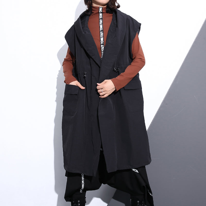 Fine Black Cotton Blended Tops Hooded Tie Waist Clothing Tops Sleeveless Coats