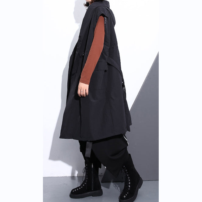 Fine Black Cotton Blended Tops Hooded Tie Waist Clothing Tops Sleeveless Coats