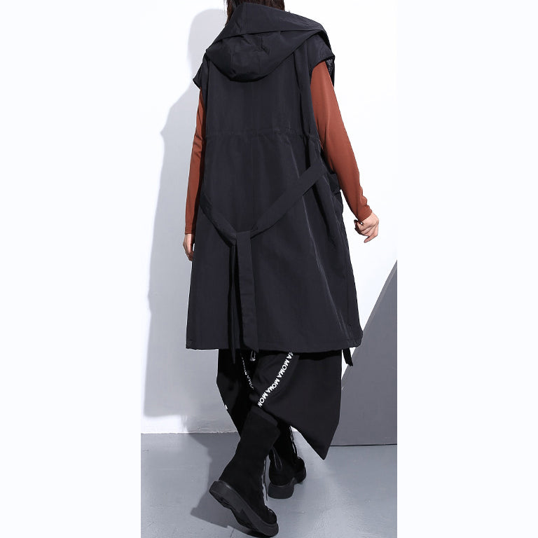 Fine Black Cotton Blended Tops Hooded Tie Waist Clothing Tops Sleeveless Coats