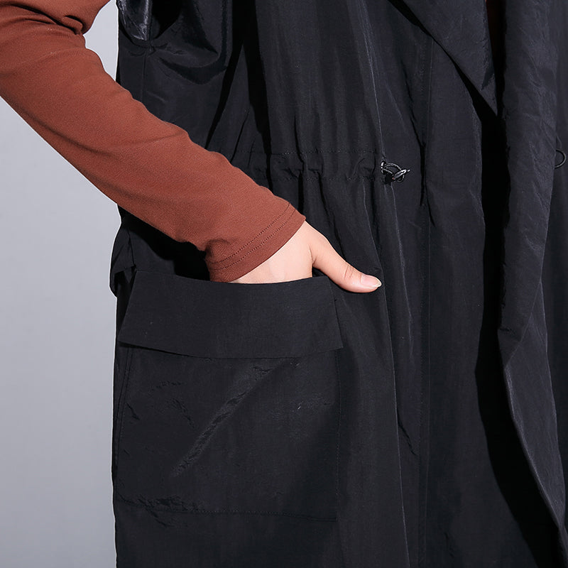 Fine Black Cotton Blended Tops Hooded Tie Waist Clothing Tops Sleeveless Coats