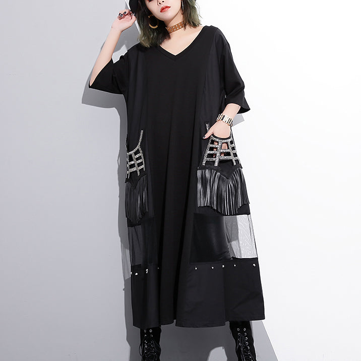 Fine Black Cotton Maxi Dress Oversize V Neck Traveling Dress Fine Tassel Pockets Cotton Caftans
