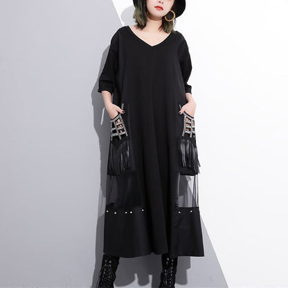 Fine Black Cotton Maxi Dress Oversize V Neck Traveling Dress Fine Tassel Pockets Cotton Caftans