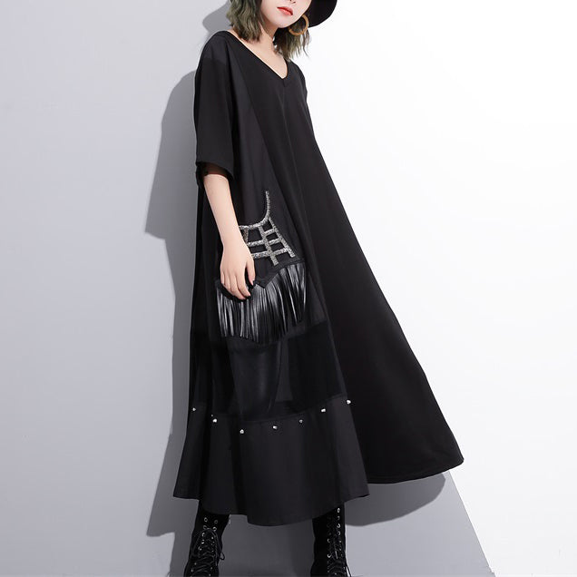 Fine Black Cotton Maxi Dress Oversize V Neck Traveling Dress Fine Tassel Pockets Cotton Caftans