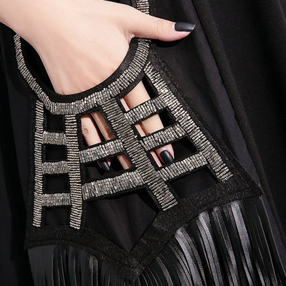 Fine Black Cotton Maxi Dress Oversize V Neck Traveling Dress Fine Tassel Pockets Cotton Caftans