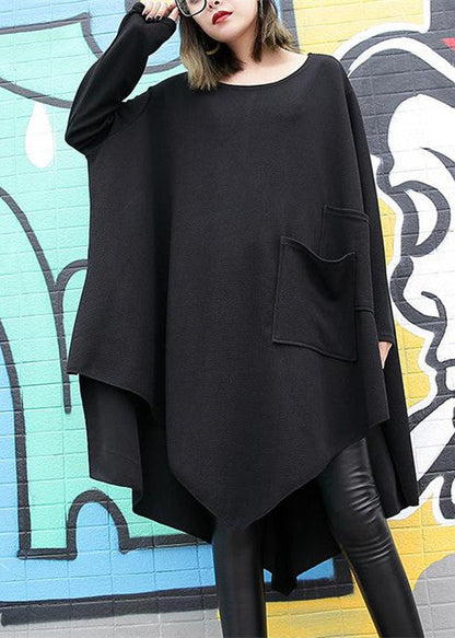 Fine Black Cotton Silk Dress Plussize Asymmetric Hem Traveling Dress Boutique O Neck Gown