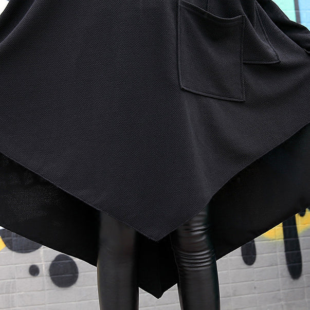 Fine Black Cotton Silk Dress Plussize Asymmetric Hem Traveling Dress Boutique O Neck Gown