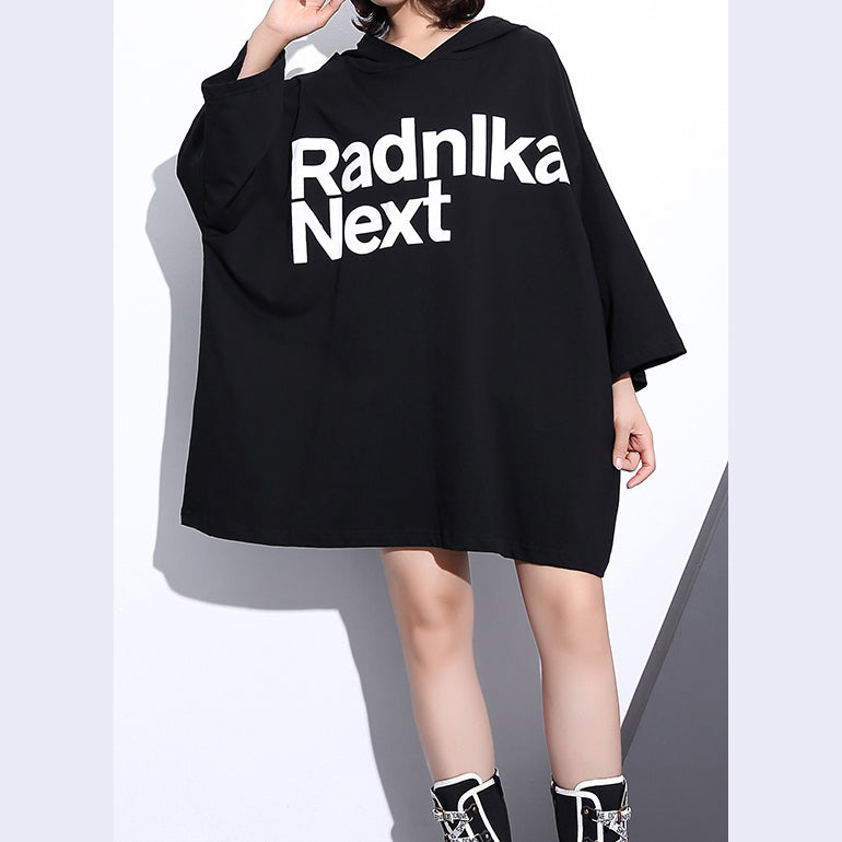 Fine Black Cotton Tops Clothing Hooded Cotton T Shirts Back Side Open Cotton Blouses