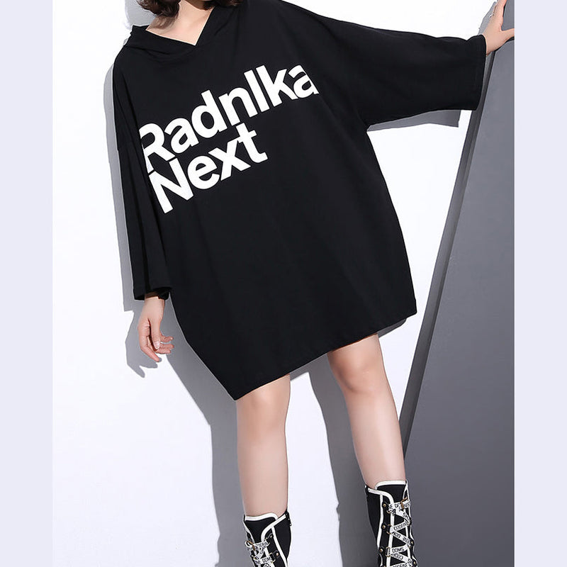 Fine Black Cotton Tops Clothing Hooded Cotton T Shirts Back Side Open Cotton Blouses