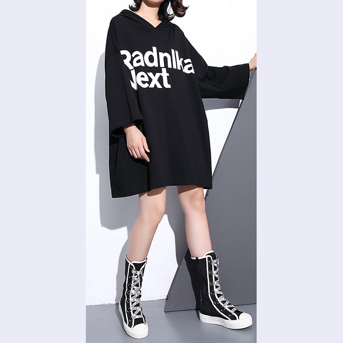 Fine Black Cotton Tops Clothing Hooded Cotton T Shirts Back Side Open Cotton Blouses