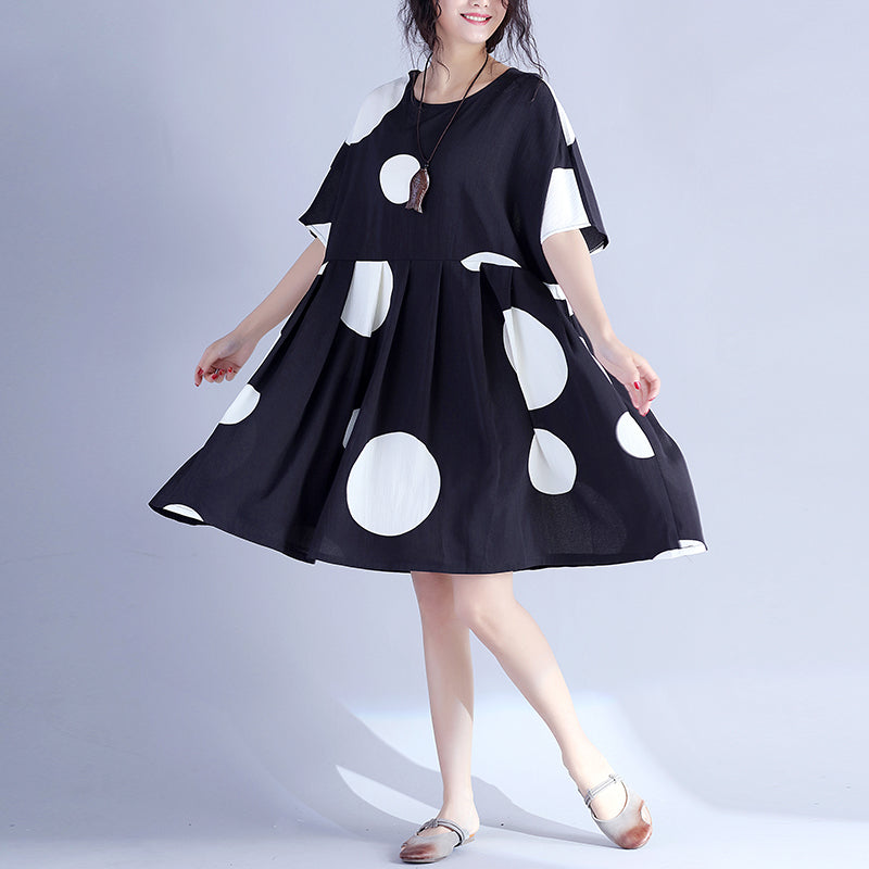 Fine Black Dotted Pure Cotton Dress Oversized Cotton Maxi Dress O Neck High Waist Knee Dresses