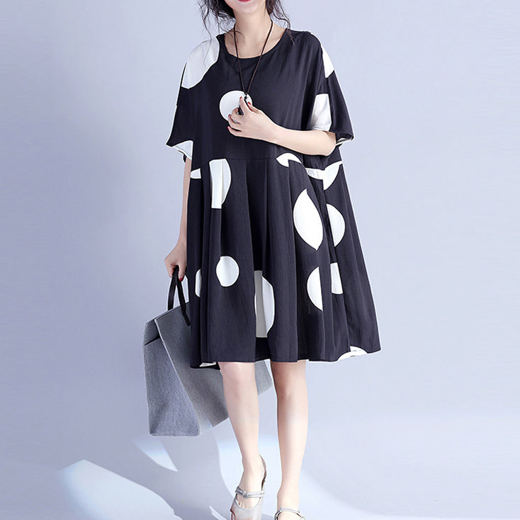 Fine Black Dotted Pure Cotton Dress Oversized Cotton Maxi Dress O Neck High Waist Knee Dresses