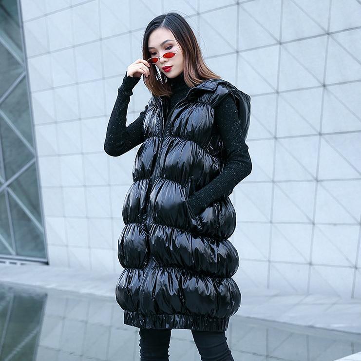 Fine Black Down Jacket Hooded Zippered Puffers Jackets Warm Sleeveless Tunic