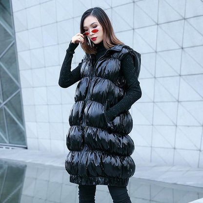 Fine Black Down Jacket Hooded Zippered Puffers Jackets Warm Sleeveless Tunic