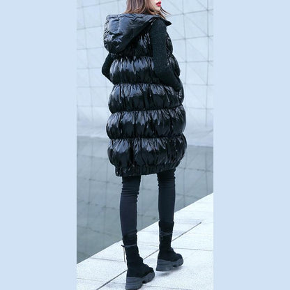 Fine Black Down Jacket Hooded Zippered Puffers Jackets Warm Sleeveless Tunic
