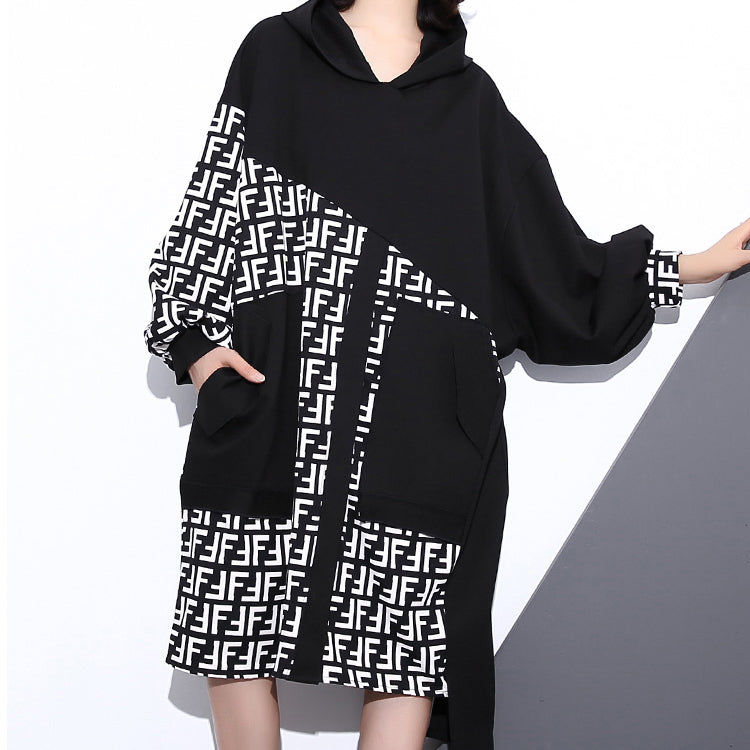 Fine Black Dress Hooded Patchwork Long Coat New Long Sleeve Pockets Asymmetrical Design Dresses