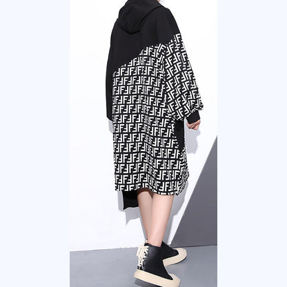 Fine Black Dress Hooded Patchwork Long Coat New Long Sleeve Pockets Asymmetrical Design Dresses