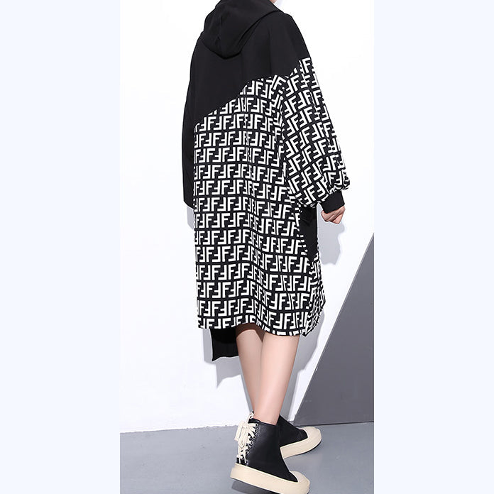 Fine Black Dress Hooded Patchwork Long Coat New Long Sleeve Pockets Asymmetrical Design Dresses