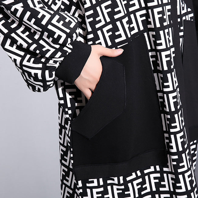 Fine Black Dress Hooded Patchwork Long Coat New Long Sleeve Pockets Asymmetrical Design Dresses