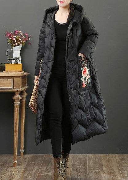 Fine Black Embroidery Goose Down Coat Oversize Down Jacket Hooded Fine Jackets