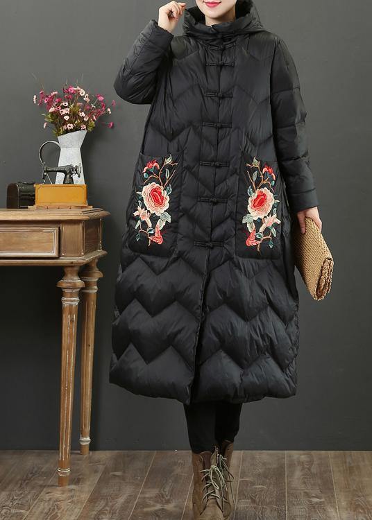 Fine Black Embroidery Goose Down Coat Oversize Down Jacket Hooded Fine Jackets