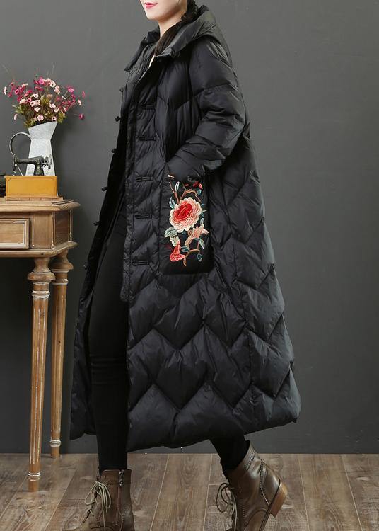 Fine Black Embroidery Goose Down Coat Oversize Down Jacket Hooded Fine Jackets