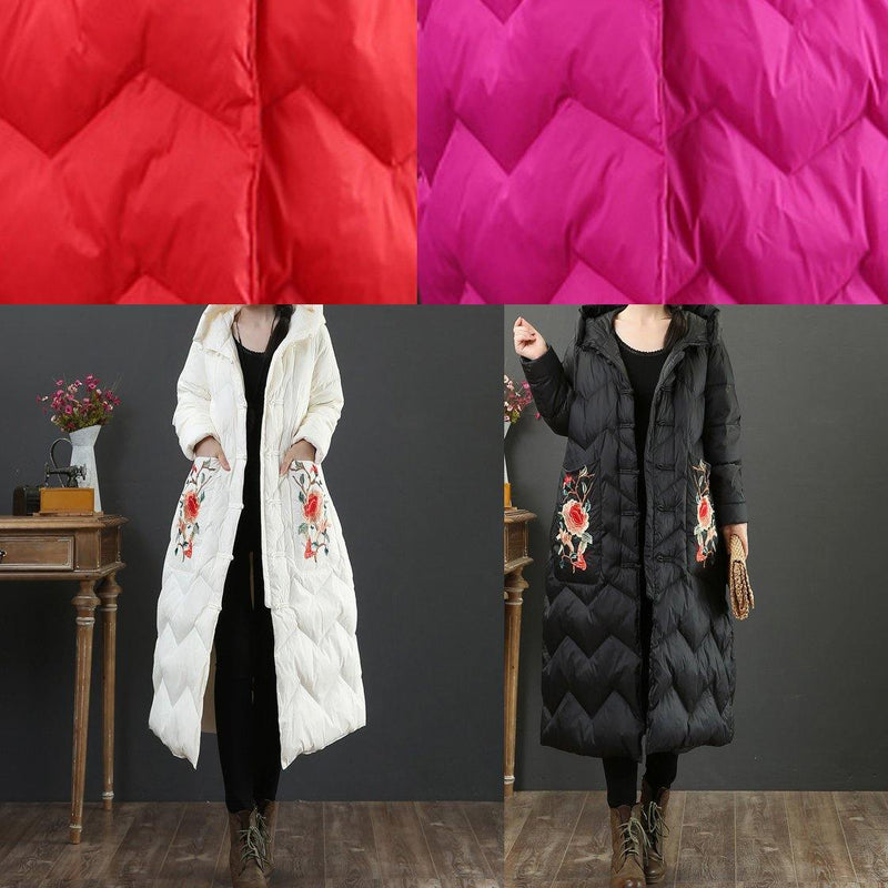 Fine Black Embroidery Goose Down Coat Oversize Down Jacket Hooded Fine Jackets