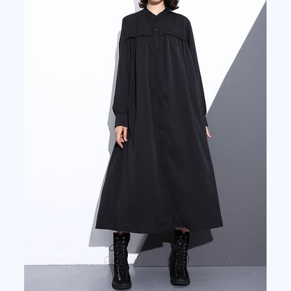Fine Black Long Silk Cotton Blended Dress Oversized Stand Collar Traveling Dress Pockets Cinched Dresses