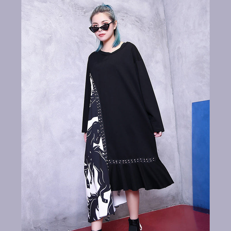 Fine Black Natural Clothing Dress Patchwork Asymmetrical Design V Neck Baggy Dresses