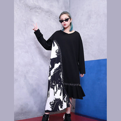 Fine Black Natural Clothing Dress Patchwork Asymmetrical Design V Neck Baggy Dresses