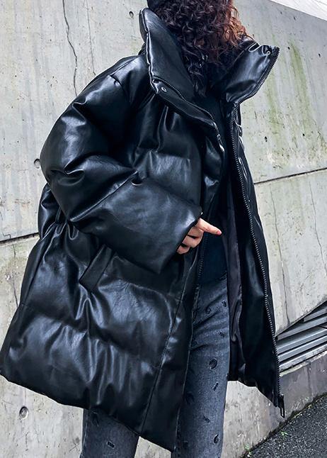 Fine Black Outwear Down Jacket High Neck Zippered Overcoat