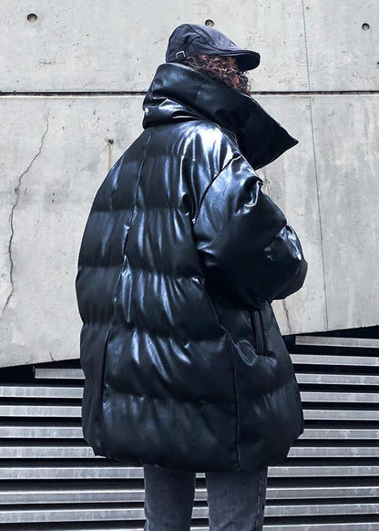 Fine Black Outwear Down Jacket High Neck Zippered Overcoat