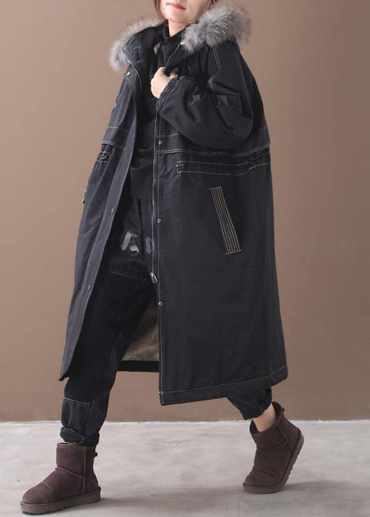 Fine Black Overcoat Snow Jackets Hooded True Fur Collar Outwear