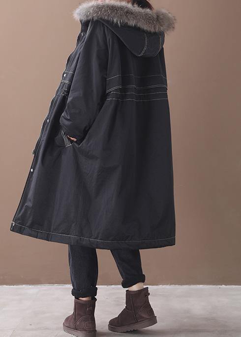Fine Black Overcoat Snow Jackets Hooded True Fur Collar Outwear