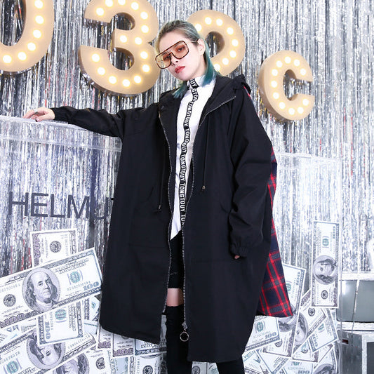 Fine Black Patchwork Maxi Coat Hooded Winter Fine Baggy Coats
