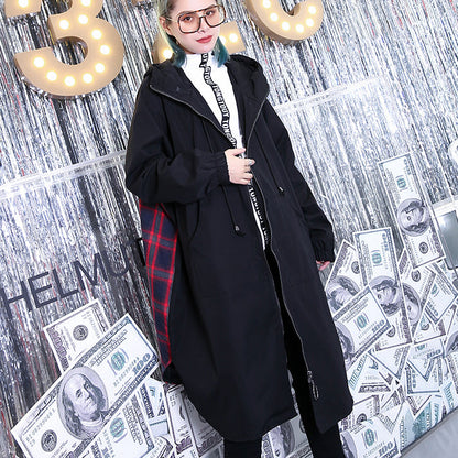 Fine Black Patchwork Maxi Coat Hooded Winter Fine Baggy Coats