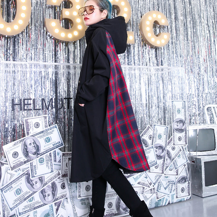 Fine Black Patchwork Maxi Coat Hooded Winter Fine Baggy Coats