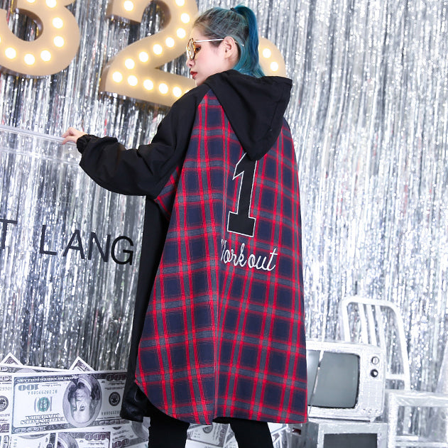 Fine Black Patchwork Maxi Coat Hooded Winter Fine Baggy Coats