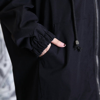 Fine Black Patchwork Maxi Coat Hooded Winter Fine Baggy Coats
