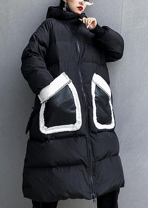 Fine Black Print Parkas for Loose Fitting Winter Jacket Hooded Patchwork Overcoat