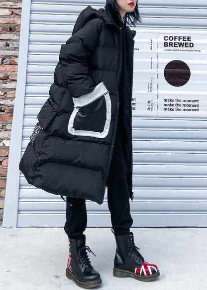 Fine Black Print Parkas for Loose Fitting Winter Jacket Hooded Patchwork Overcoat