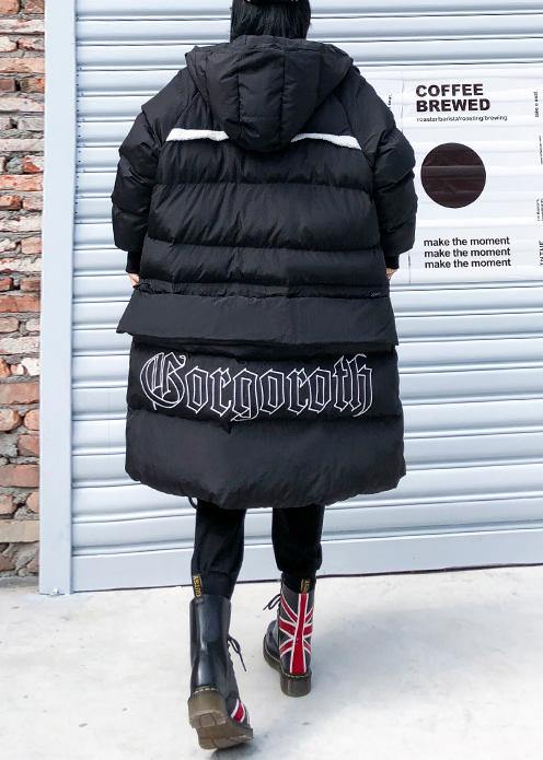 Fine Black Print Parkas for Loose Fitting Winter Jacket Hooded Patchwork Overcoat
