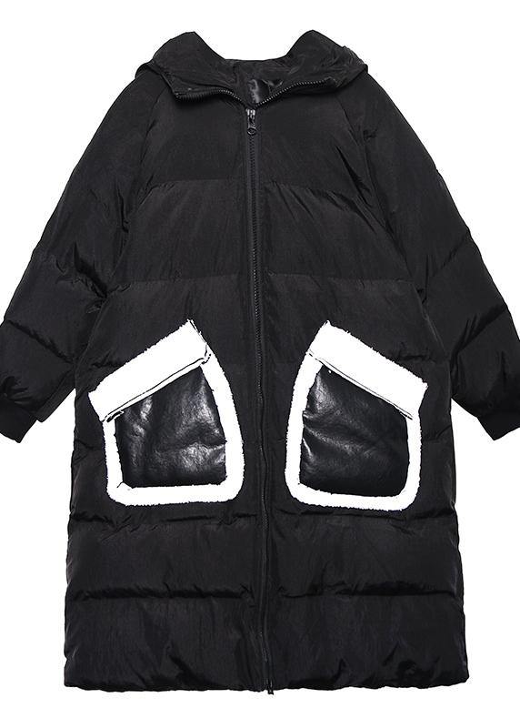 Fine Black Print Parkas for Loose Fitting Winter Jacket Hooded Patchwork Overcoat