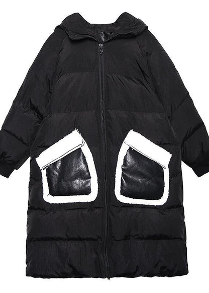 Fine Black Print Parkas for Loose Fitting Winter Jacket Hooded Patchwork Overcoat