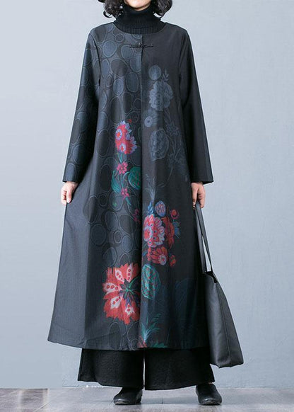 Fine Black Prints Overcoat Long Jackets Fall Trench Coats Chinese Button